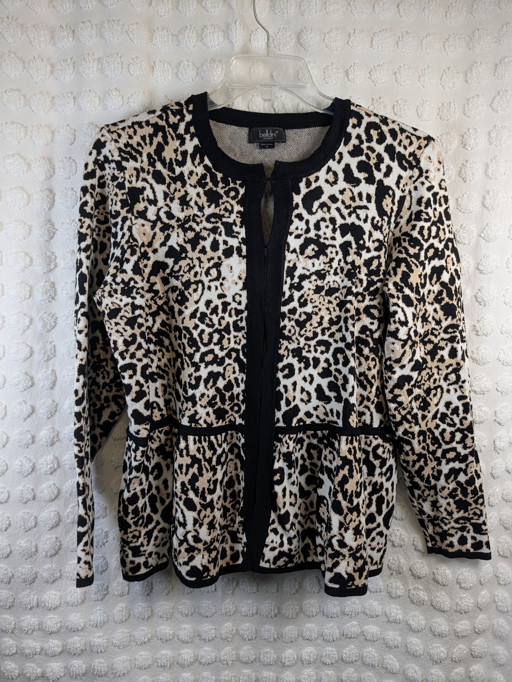 Belldini Leopard Print Peplum Knit Cardigan Jacket Animal Print 1X Hook & Eye